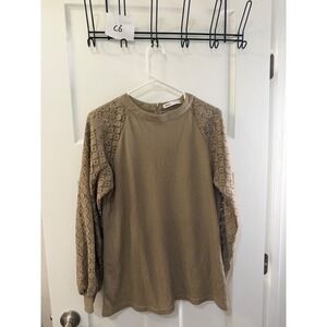 Miholl Waffle Knit Lace Sleeve Top Khaki‎ Tan Crew Neck Blouse Medium